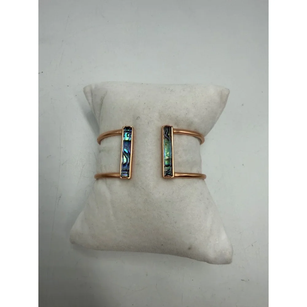 Rose Gold Tone Abalone Shell Inlay Hinged Cuff Bracelet Open Band Modern
